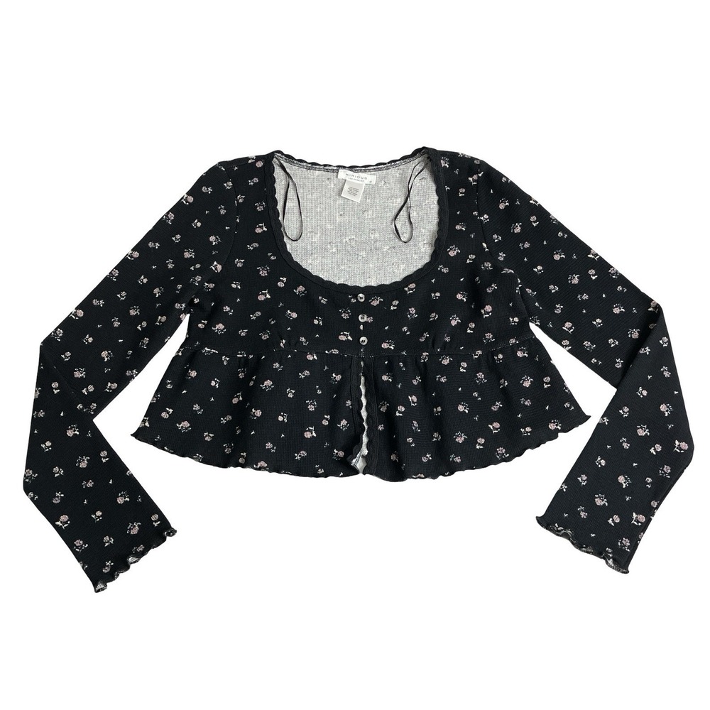 Kirious Los Angeles Babydoll Top Womens XL Black Floral Crop Peplum Long Sleeve